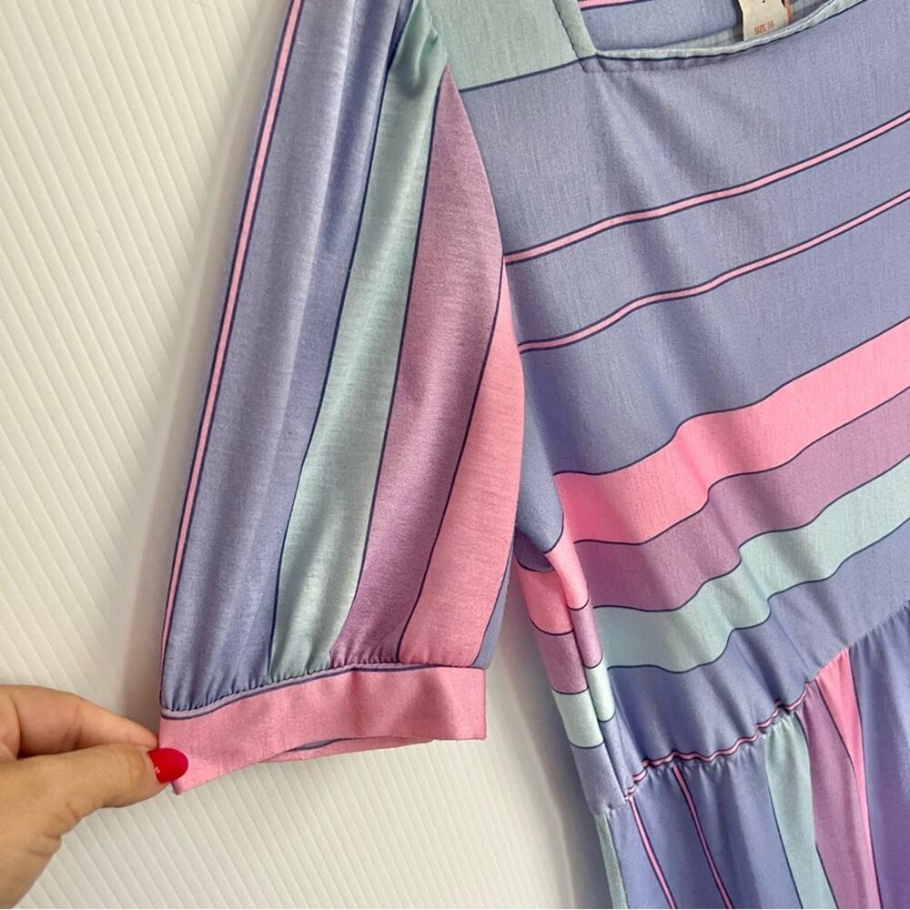 Vintage 80s Pastel Plus Size Stripe Knee Length Casual Dress - Picture 7 of 7